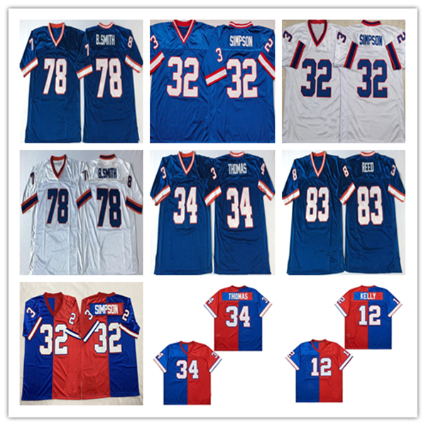 American Throwback Football Jerseys 34 Thurman Thomas 12 Jim Kelly 78 Bruce Smith 83 Andre Reed 32 OJ Simpson Blue White Stitched Retro Shirt