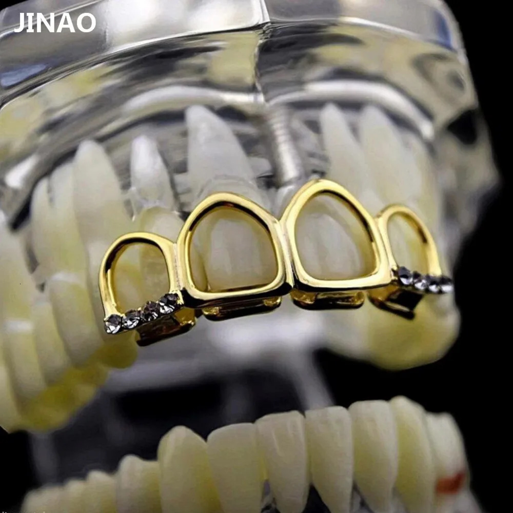 JINAO Grill Set Gold Color Plated Four Full Open Face Hollow Tooth Top with CZ Bottom Teeth Grills Sets For Men Women250616