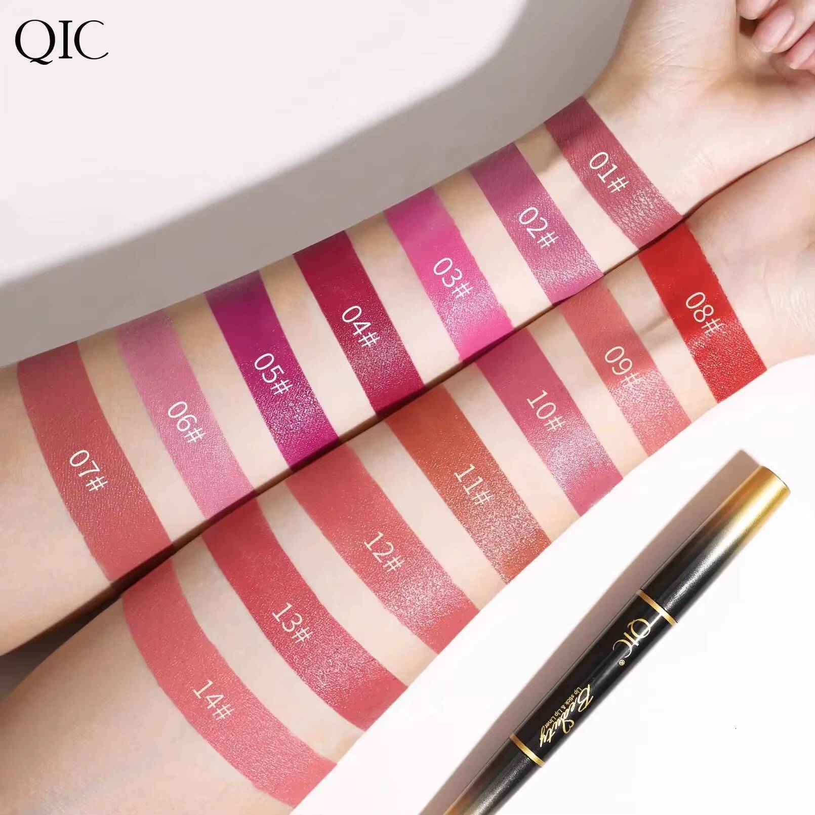QIC Double Ended Matte Lipstick & Liner Nude 2 in 1 Lipliner Makeup Long Lasting Purple Pencil Lip Stain Cosmetic happy