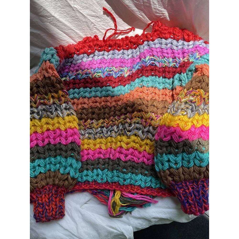 2025 Rainbow Color Tassel Front Chunky Knit Cardigan Winter Women Handmade Sweater Niche Design Knitwear Outfit