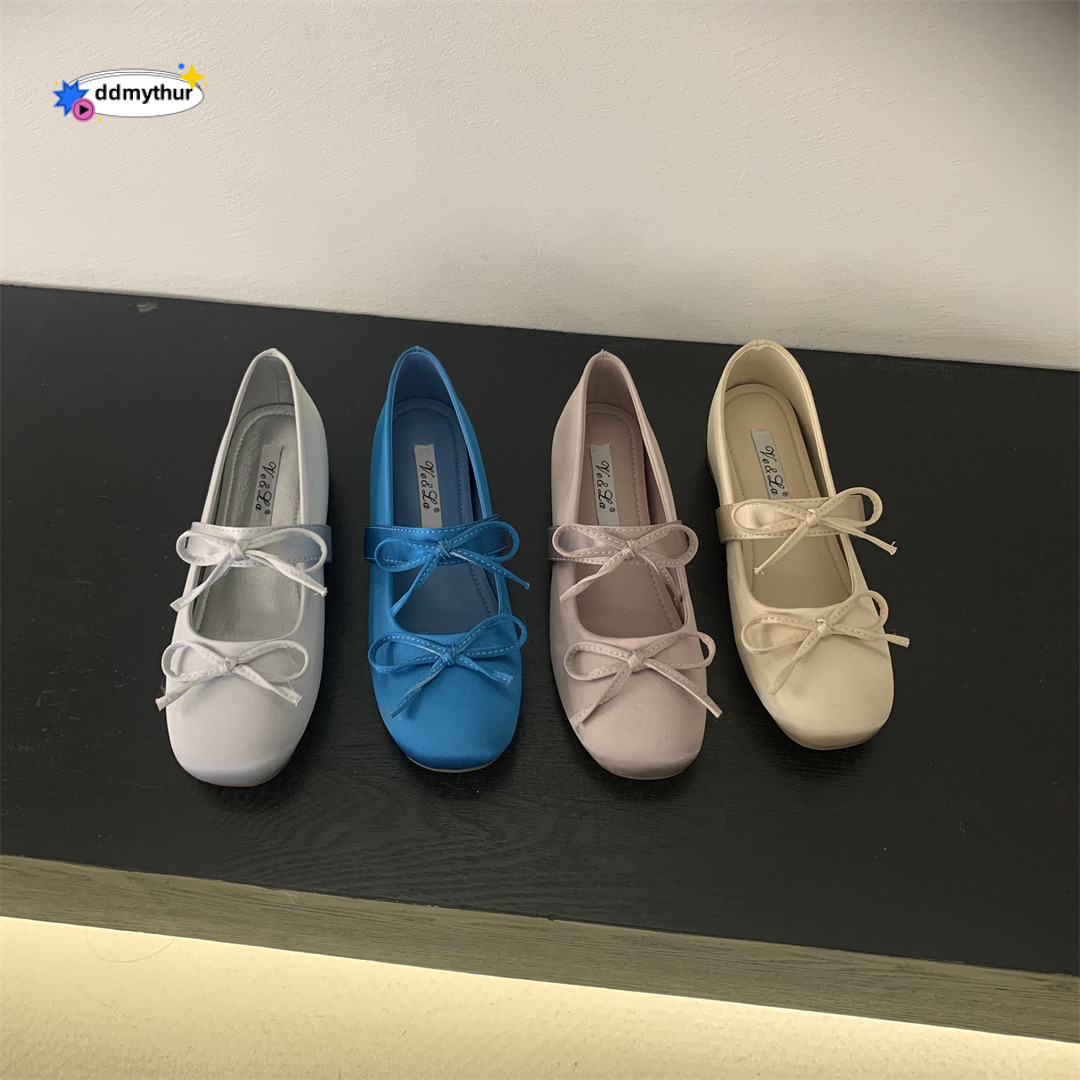 4CM Height Increase~ Thick Sole Satin Bowknot Single Shoes for Women Spring and Autumn Gentle Versatile Matching Skirt Ballet Flats ddmythur
