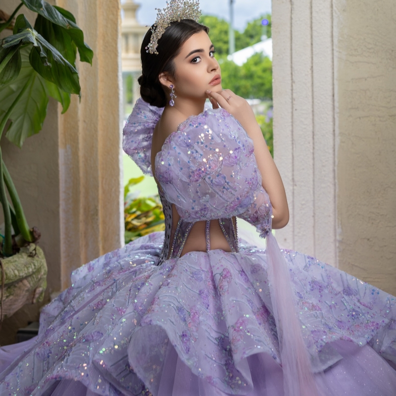 Lavender Quinceanera Dresses Ball Gown Off The Shoulder Applique Sequin Beading Crystal Tull Sweet 16 Dress Vestidos 15 De Anos
