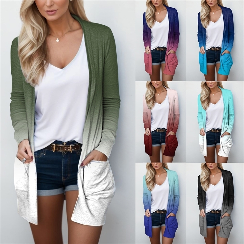 Womens Loose Sweater Coat Front Open Gradation Printed Long Sleeve Spring Autumn Cardigan Jackets With Pockets yy250530