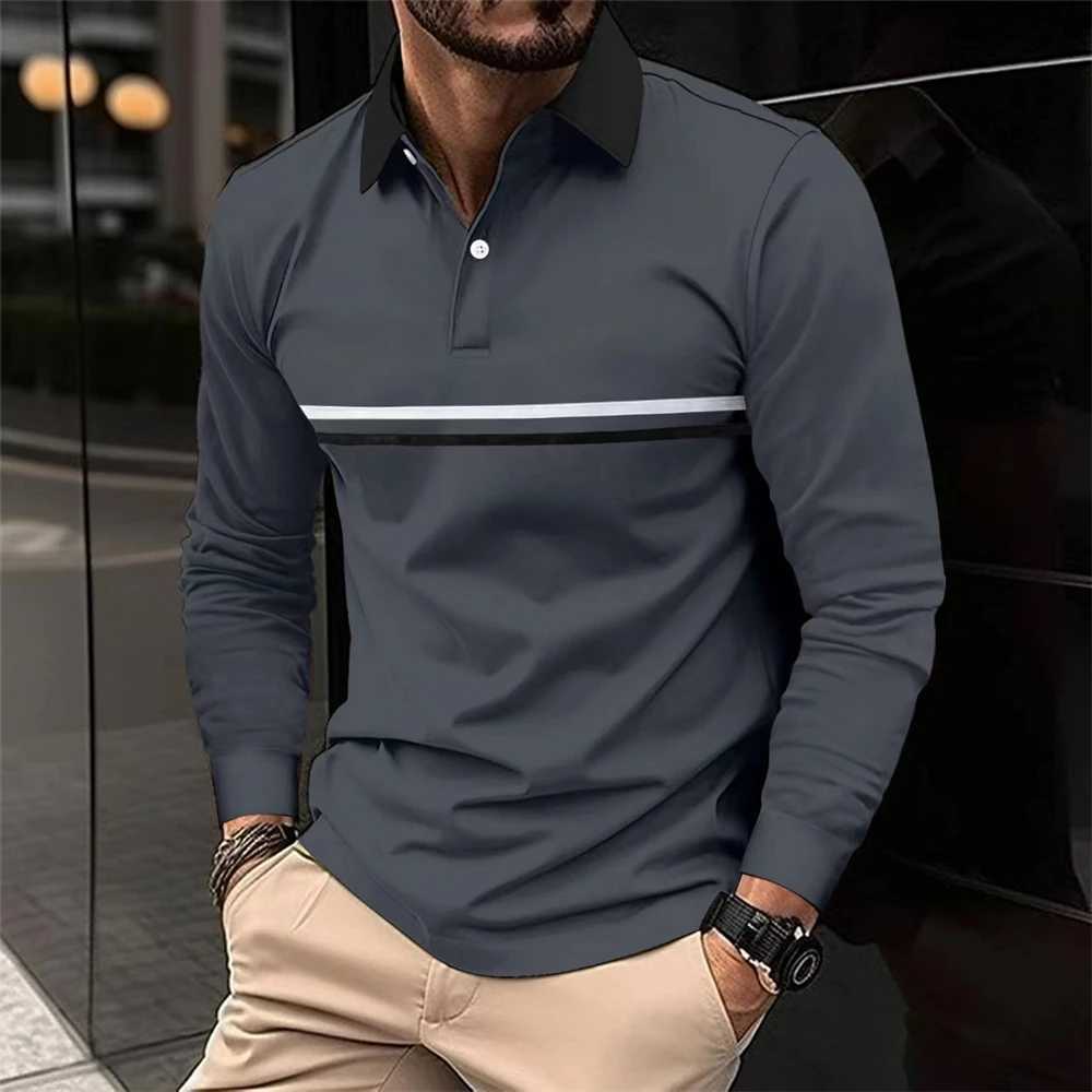 2024 Men New Stripe Long Sleeve Polo Shirt Men Casual Simple Style Polo Shirts Spring Fall Stand Basic Blouse Tees Mens Clothing W250616