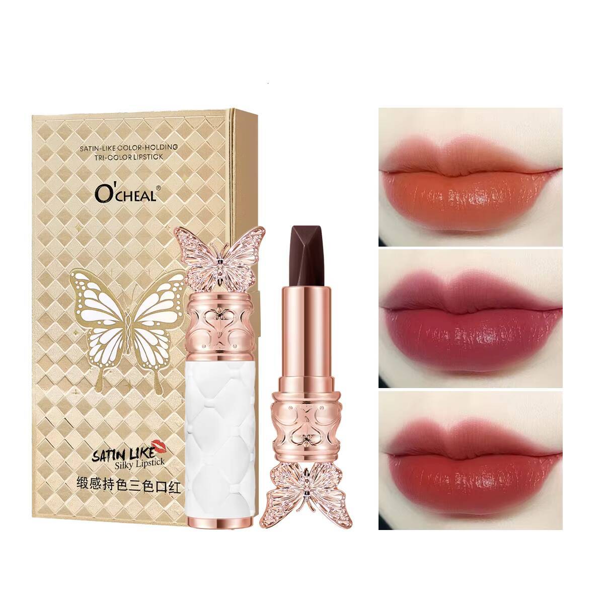 Ocheal Satin-Like Color-Holding Tri-Color Waterproof Long Lasting Liquid Lipstick Tint Moisturizing Tear Off Lip Stain happy