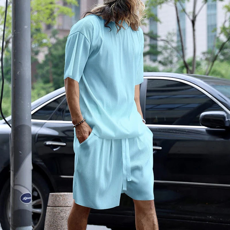 Summer Europeanstyle Fashion Suit For Mens Loose Plus Size Breathable Comfortable Short Sleeve Shorts Twopiece Set 250612