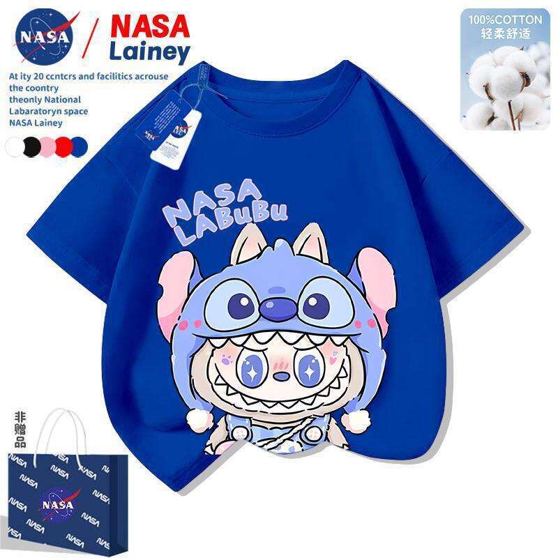 NASA Labubu Boys and Girls Short Sleeve T-Shirt Children's Cute Cartoon Versatile Top