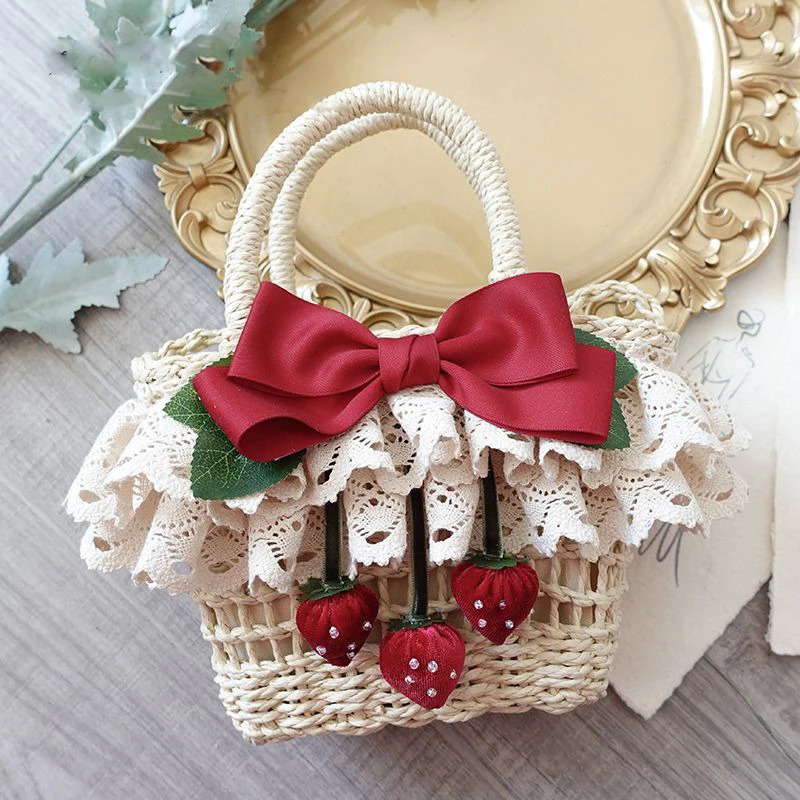 INS Style Children Girls Handbags Summer Beach Bag With Cute Strawberry Bowknot Handmade Woven Bags Kids Small Basket 250615
