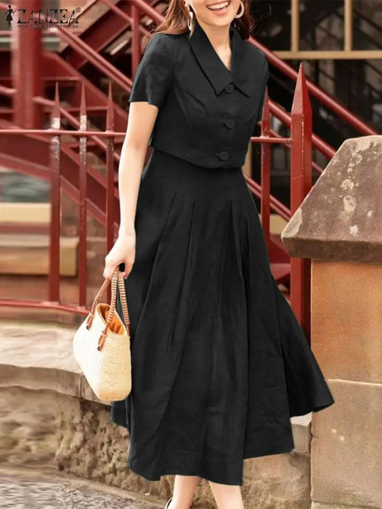 ZANZEA Women Two Piece Sets 2024 Summer Matching Sets Office Short Sleeve Outwear And Tank Dress Outfits Casual Solid Dress Suit 250609