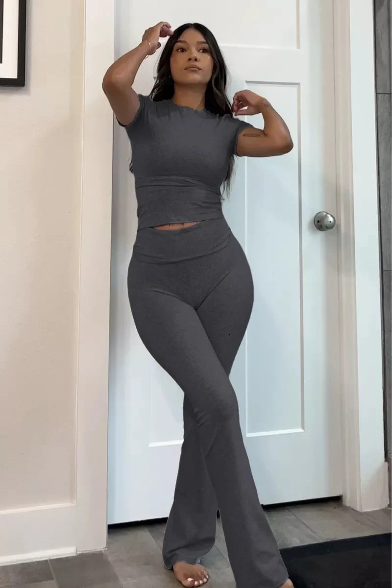 Women 2 Piece Lounge Sets Fold Over Short Sleeve Crop Top And Low Rise Flare Leggings Yoga Pants Set Tracksuit 250612