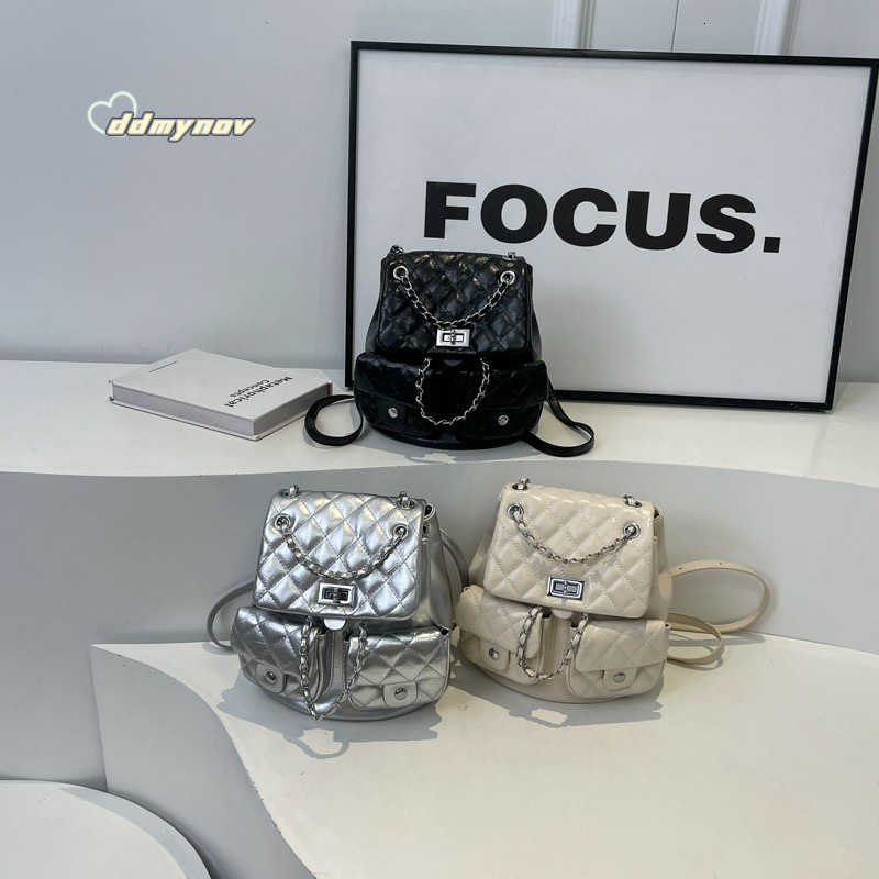 Single Shoulder for Female Students, Travel Solid Color Double Pocket Lock Small Backpack, Quilted Simple Bag ddmynov