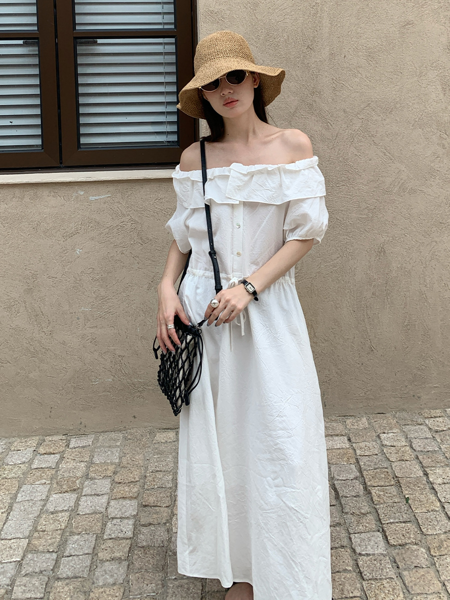 XR161 Tencel one-shoulder dress summer Korean style simple waist slim long dress