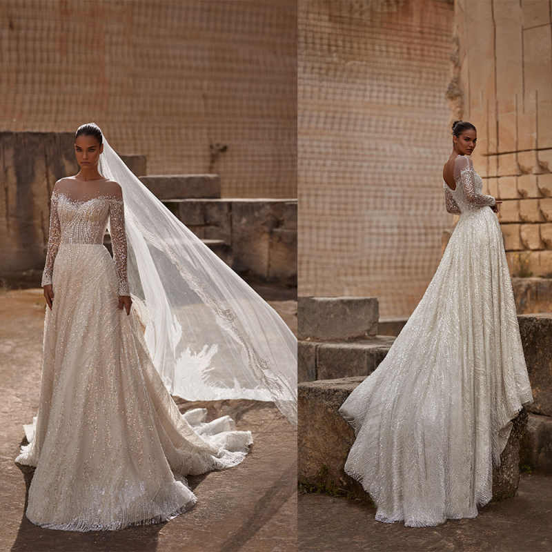 Gorgeous A Line Women Wedding Dress Sheer Neck Long Sleeves Bridal Gowns Beaded Sequins Sweep Train Dress Custom Made vestidos de novia