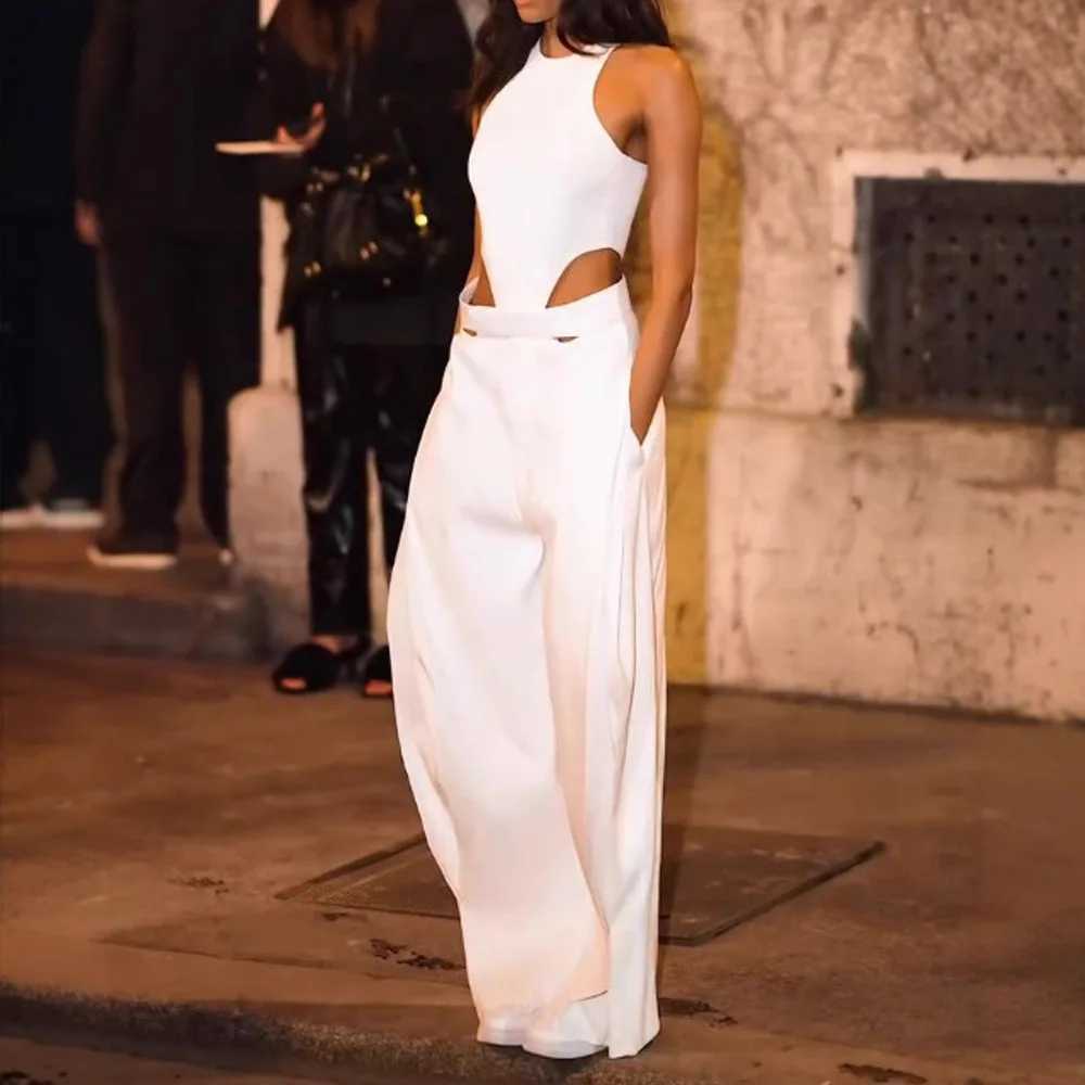 Fashion Jumpsuits For Women Summer O Neck Sveless Hollow Out Slim White Wide Leg Jumpsuit Girl High Street Chic Sexy JumpsuitXJ250616