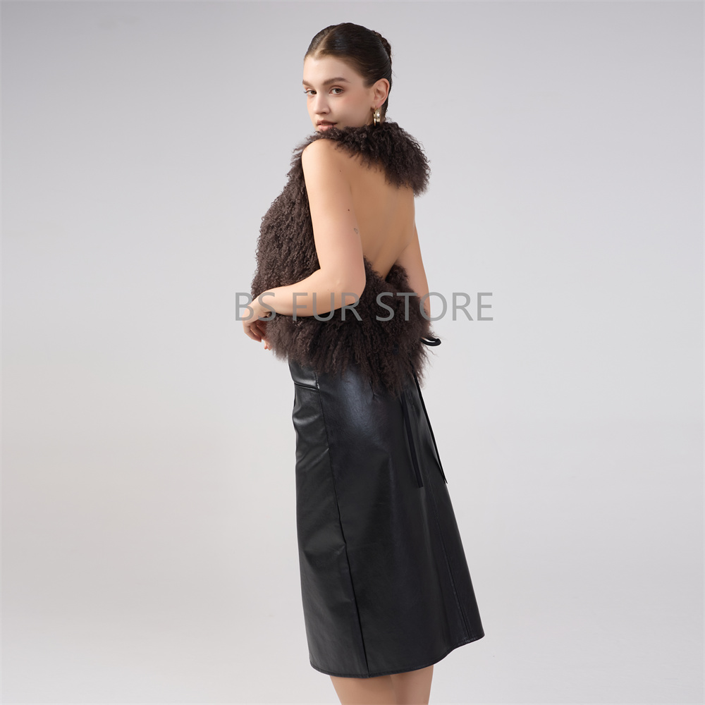Sexy Midnight Real Mongolian Fur Waistcoat Woman Backless Crop Halter Vests Coat Deep V-neck Y2k High Street Brown Solid Tops