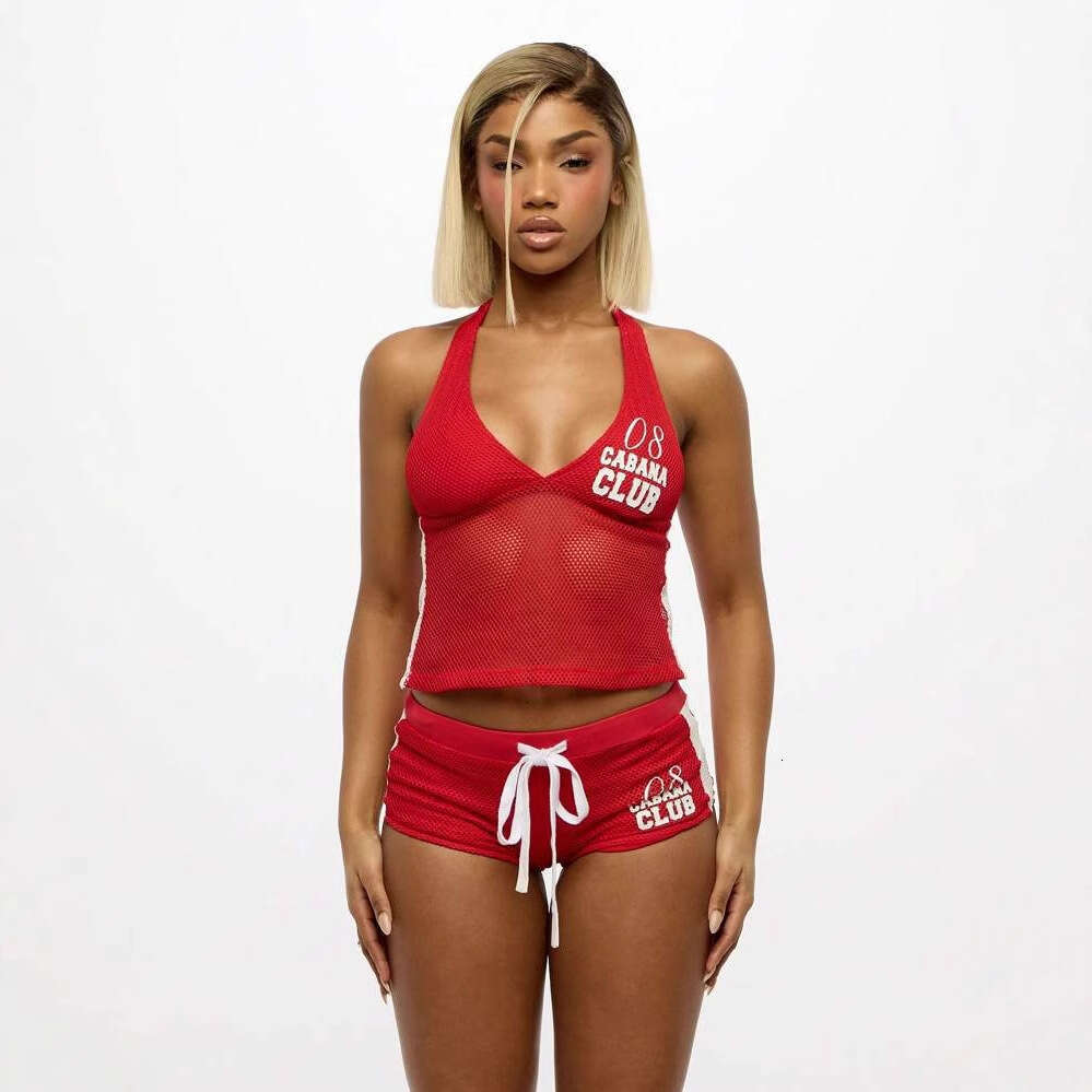 Summer Fashion Sexy Printed Breathable Mesh Halter Neck Tank Top Waist-Tied Hip-Lifting Shorts Set B5