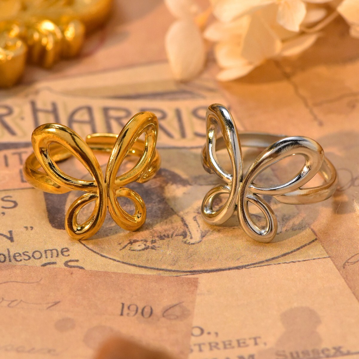 Fashion Exquisite Style Gold Butterfly for Women Titanium Steel Simple Elegant Versatile Non-Fading Ring