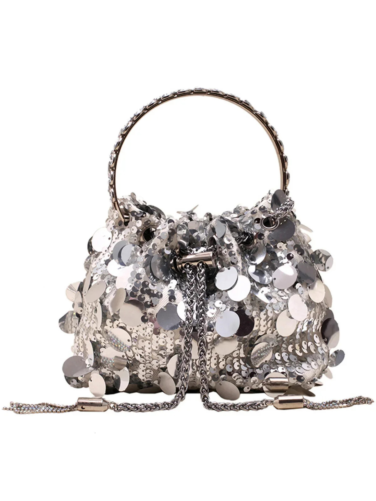 Womens Bag Light Luxury Sequin Chain Tassel Bucket Handbags Temperament Versatile Single Shoulder Crossbody Bags Birthday Gift 250614