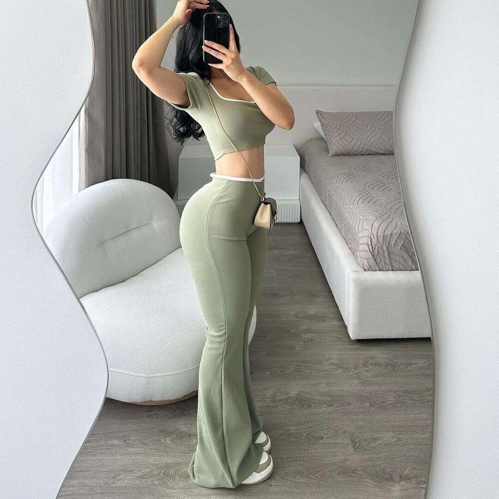 New Fashion Solid Color Casual Sports Style Slim Fit Top Short Sleeve Flared Long Pants Set For Women B5