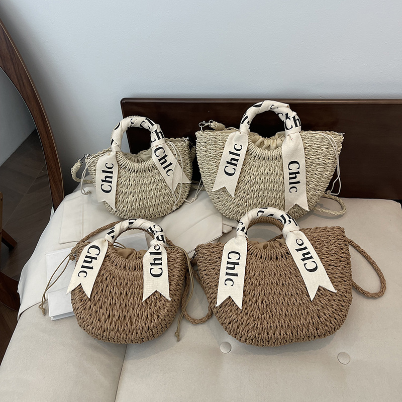 Letter Silk Scarf Hand-Held Straw Woven Bag Papyrus Woven Bag Spring Outing And Vacation Handbag Moon Bag