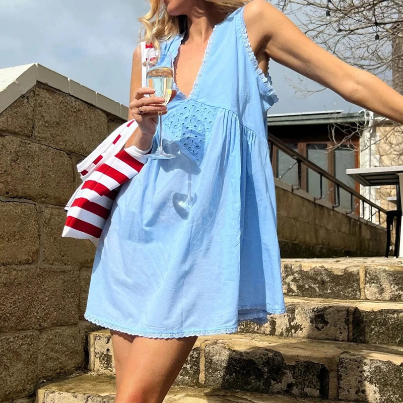 Womens Lace Trim V Neck Mini Dress Y2k 90s Vintage Aesthetic Summer Flowy Swing Dress Going Out Boho Coquette A Line Dress 250614