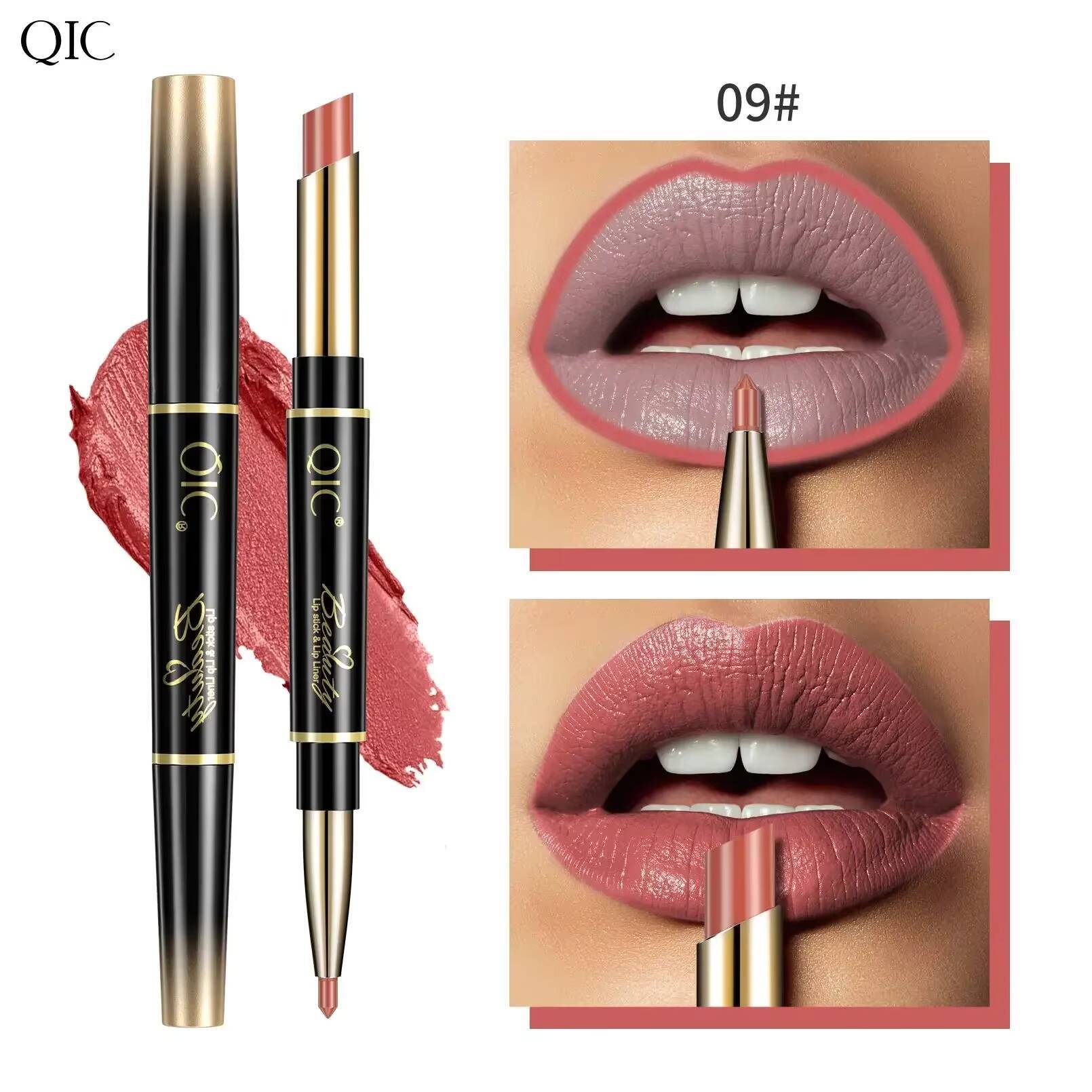 QIC Double Ended Matte Lipstick & Liner Nude 2 in 1 Lipliner Makeup Long Lasting Purple Pencil Lip Stain Cosmetic happy