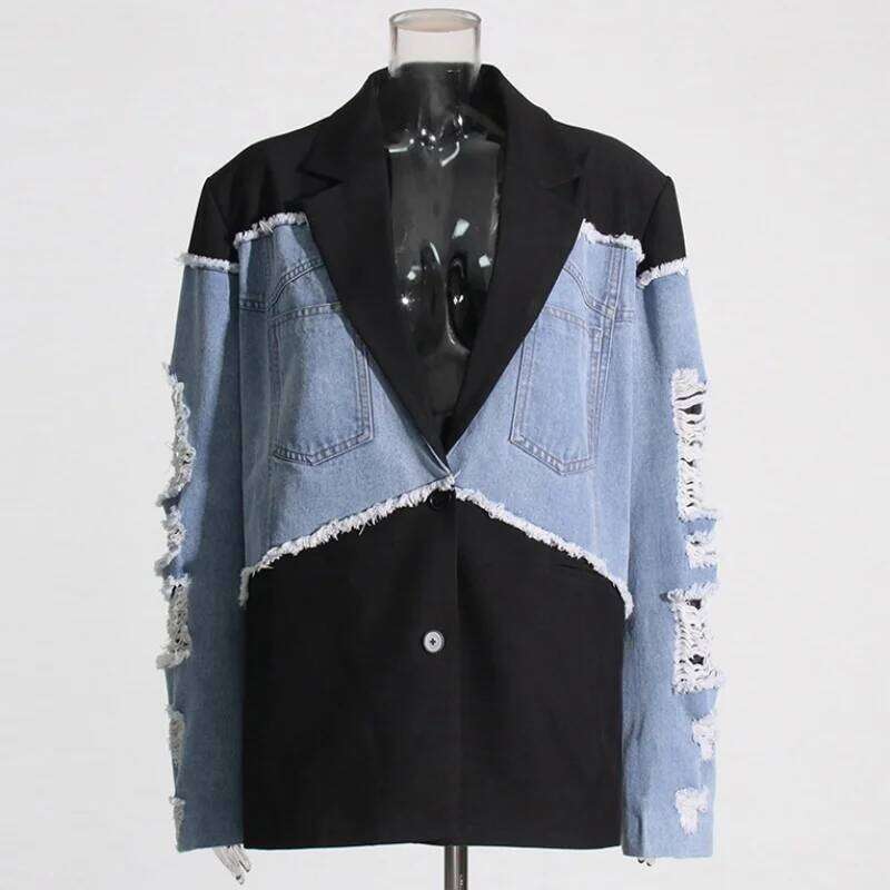 Vintage Style Denim Patchwork Design Sense Women Suit Jackets Y2K High Street Turn-down Collar Ripped Long Sleeve Casual Tops