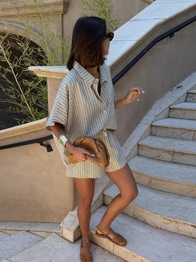 Khakis Striped High Waist Short Suit Womens Casual Short Sleeve Button Loose Lapel Shirt 2 Piece Set Summer Lady Daily Outfit 250614