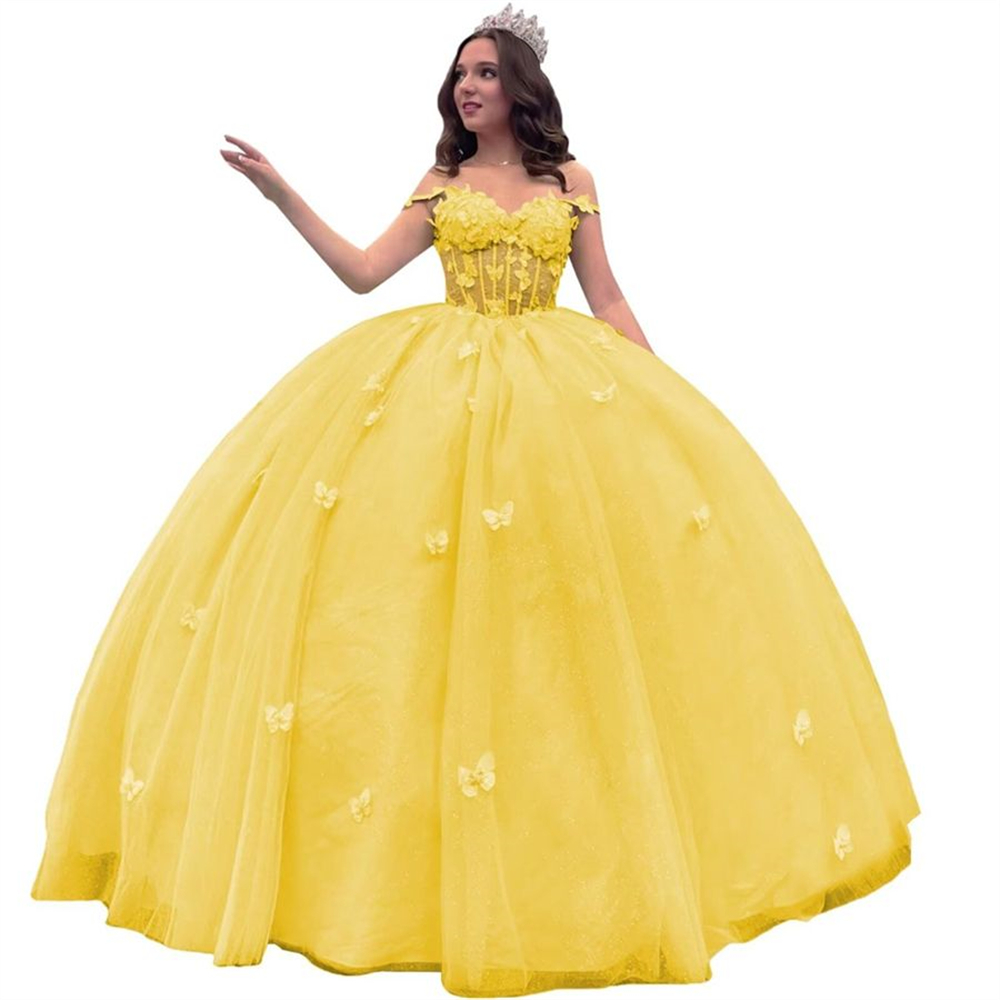 Ball Gown Quinceanera Dresses Spaghetti-strap Illusion Butterfly Appliques Bow Lace-up Plus Size Sweet 15 16 Princess Birthday Party Gowns Vestidos De