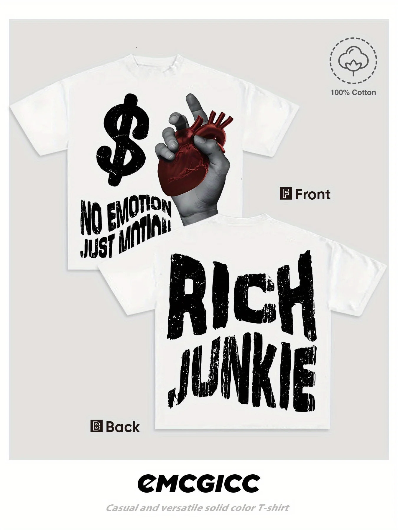 Home Relaxation| Mens Y2K Style Rich Junkie No Emotion Just Motion Cotton T-Shirt - Dual-Sided Graphic Print 250614