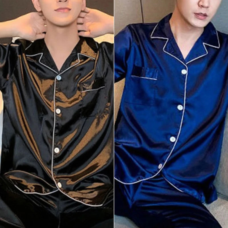 Summer Lapel LongSleeved Cardigan Pajamas Men Korean Version of the Solid Colour Light Mature Youth Casual Mens Silk Home Clot 250614