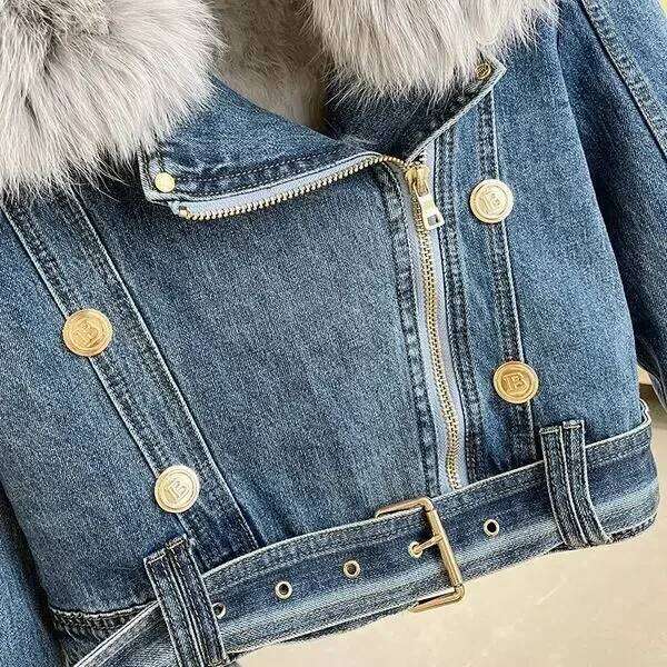 Denim Fur Long Sleeve Coat Women 2025 Winter Veet Loose All-match Lace-up with Belt Jackets Korean Chic Lapel Female Parkas