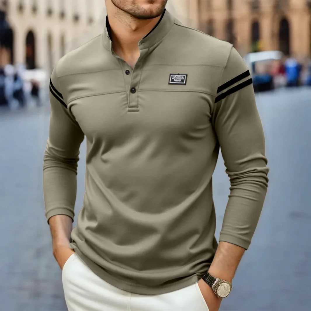 2025 New Mens Casual Fashion Solid Color Long Sleeve Polo Shirt Stand Up Collar Versatile Comfortable Top W250616
