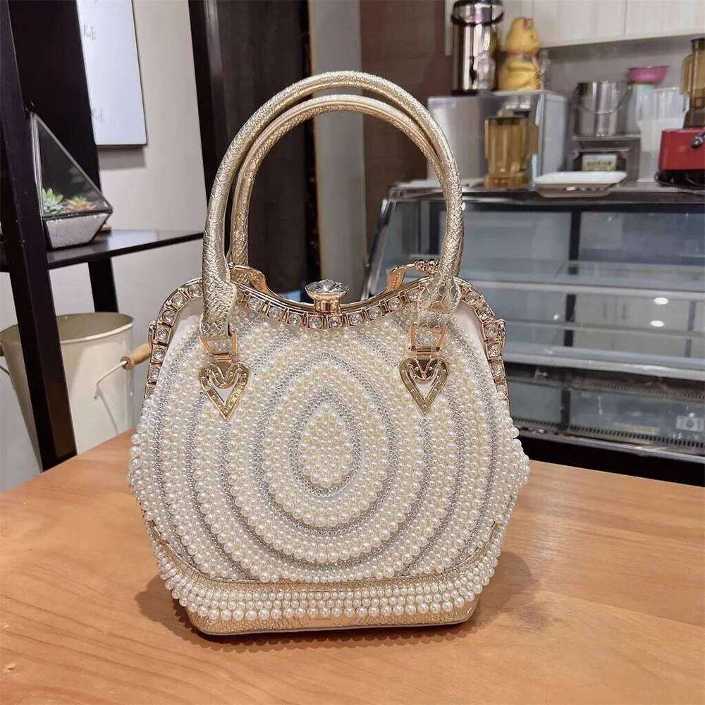 Fashion Pearl Beaded Bucket Large Capacity Women's Handbag Crystal Shiny Rhinestones Dia Shoulder Messenger Bag