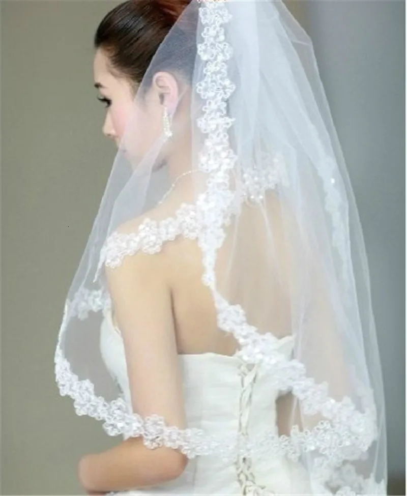 White Sequins Edge Tulle Bridal Wedding Veils One Tier Beaded 120cm Bride Accessory 250610