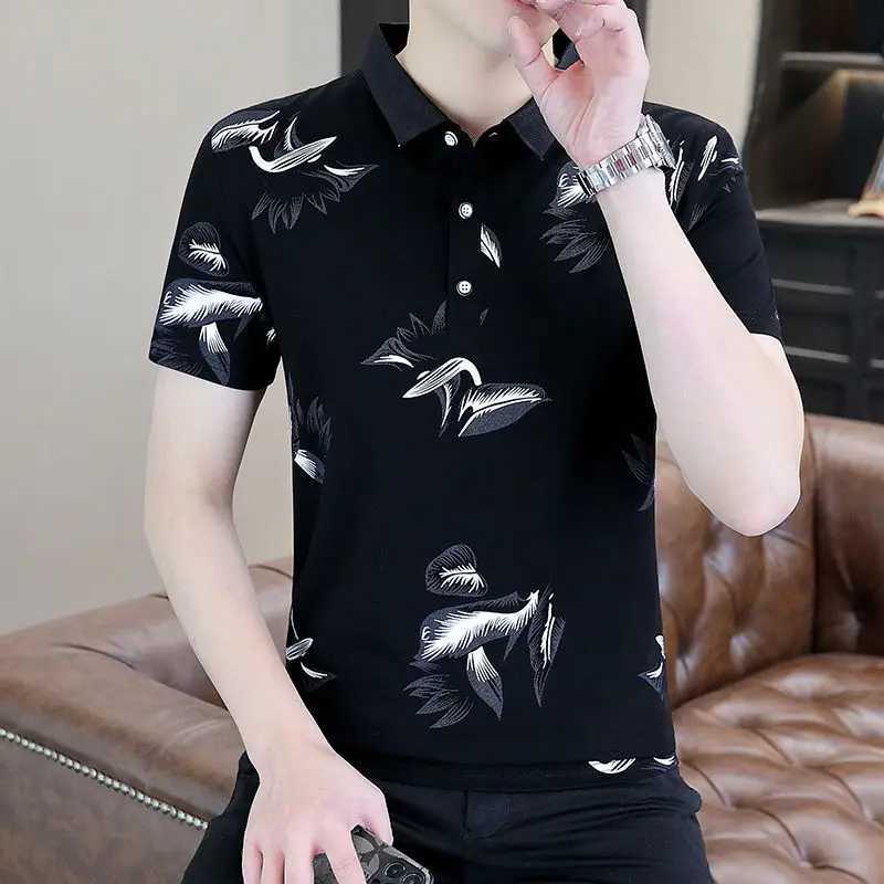 Mens Collared T-shirt Short Sleeve Print Male Polo Shirts Chic XL Casual Tee 2025 Kpop Luxury Elegant Elastic Mens Clothing W250616