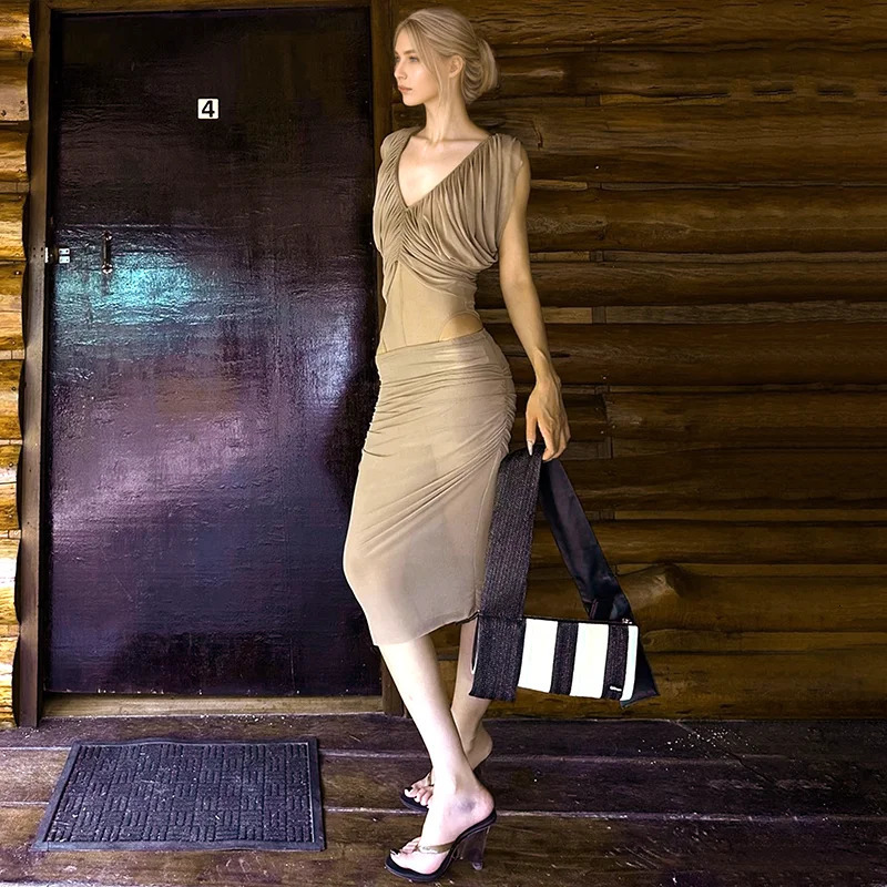 CUTENOVA Summer Solid Color VNeck Waist Slimming Pumping Pleated BodysuitsSeeThrough Pure Desire Package Hip Short Skirt Set 250609