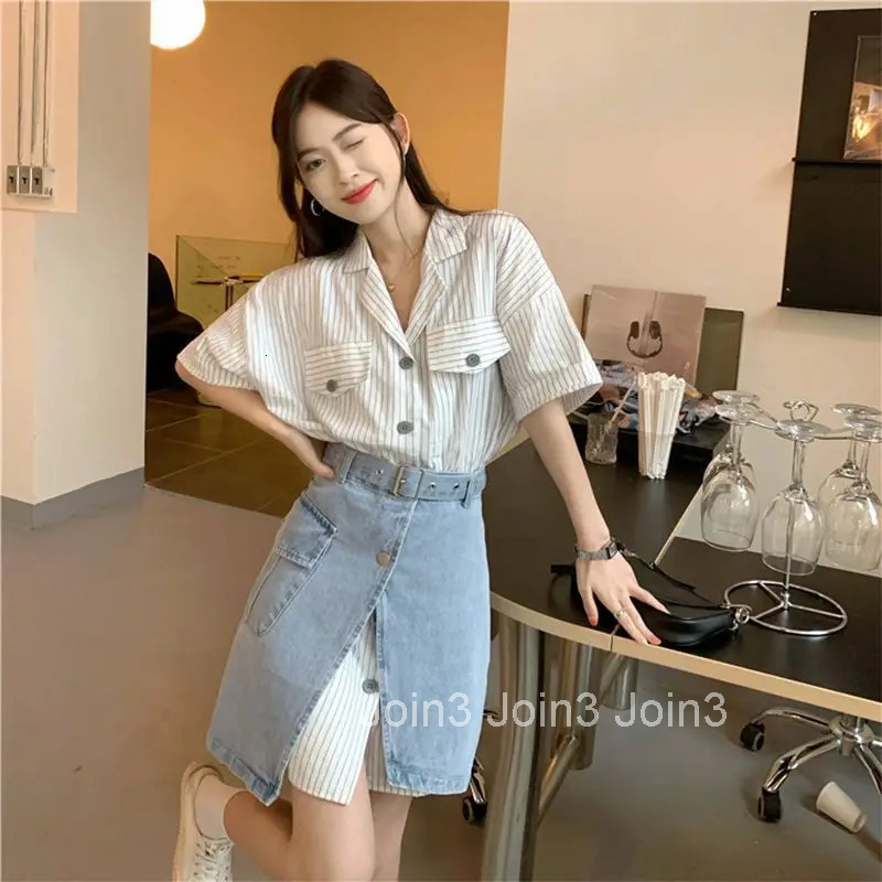 Short Sleeve Mature Skirt Womens Two Piece Set Slit Denim Y2k Clothes Formal Event New in The Same Stylish Full Female Outfits