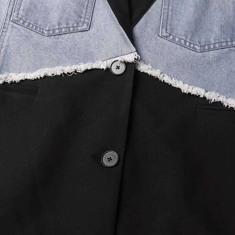 Vintage Style Denim Patchwork Design Sense Women Suit Jackets Y2K High Street Turn-down Collar Ripped Long Sleeve Casual Tops
