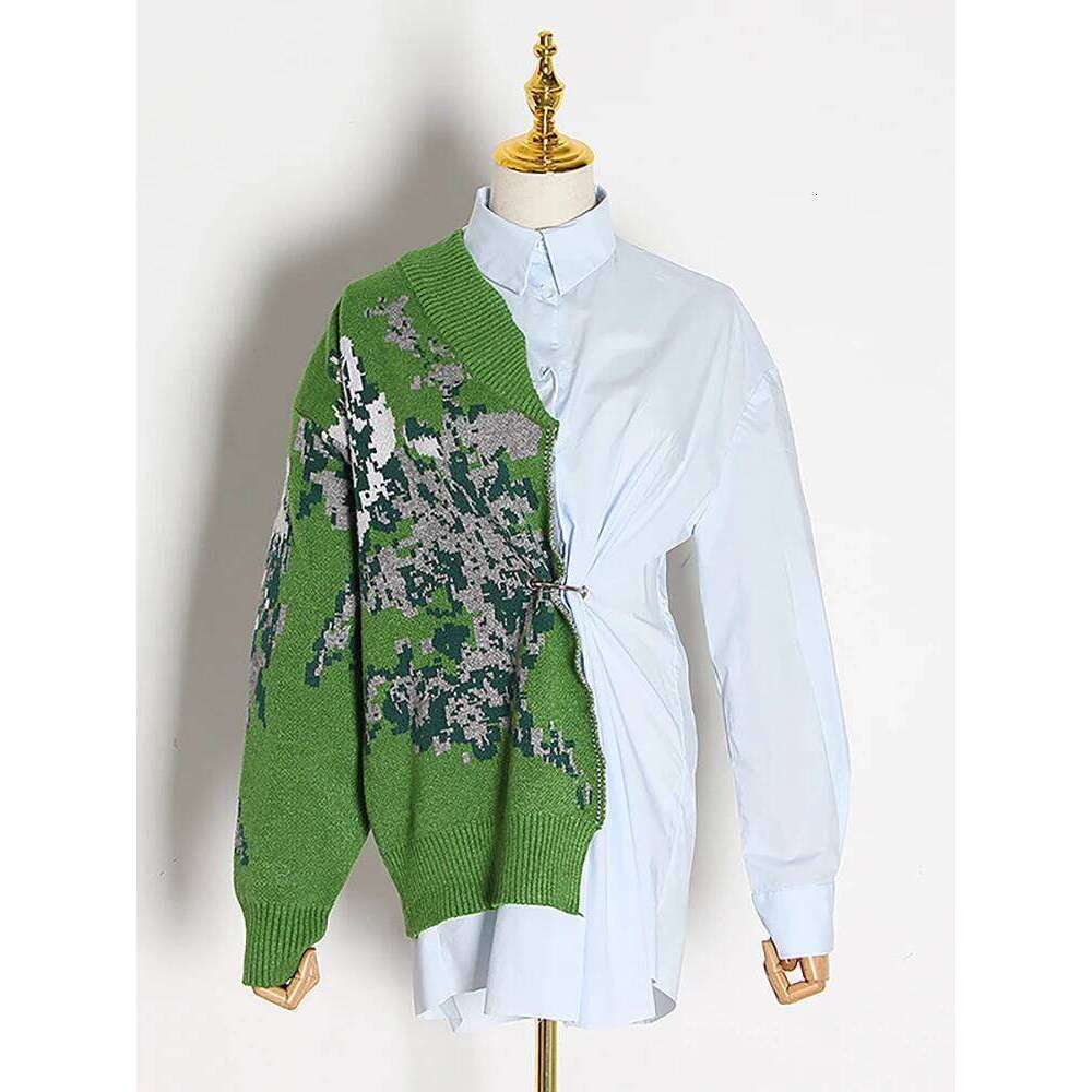 VGH Hit Color Spliced Metal Casual Shirts For Women Lapel Long Sleeve Patchwork Knitting Minimalist Tunic Blouses Female Style
