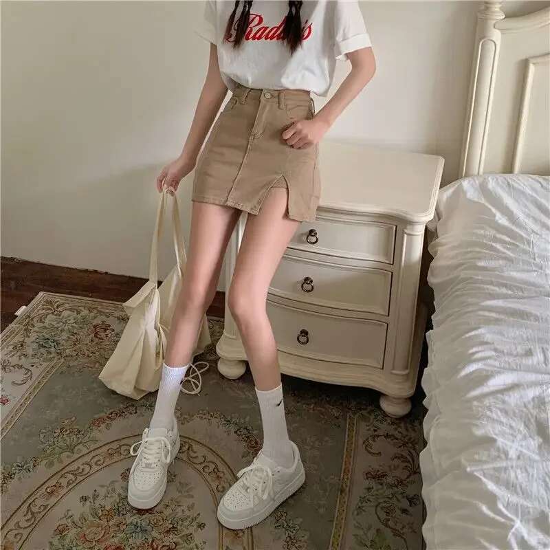 With Slit Zipper Female Jeans Skirts Womens Denim Skirt Mini Short Gyaru High Waist Korean Style Casual Clothing Sales Modest V