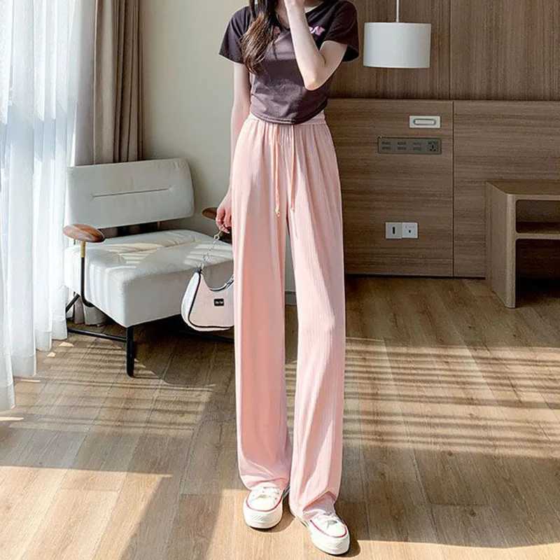 Summer Cool Ice Silk Straight Pants Women Fashion High Waist Wide Leg Trousers Fe Solid Sagging Feeling Baggy Casual PantsXJ250616