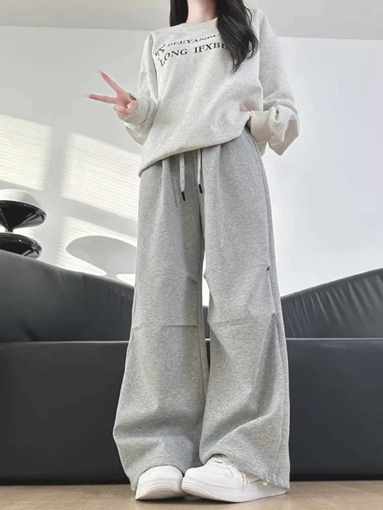 High Waist Casual Wide Leg Work Pants Gray Sports Pants Women Spring Autumn 2025 New Fashion Straight Leg Loose Fit Sweatpants XJ250616