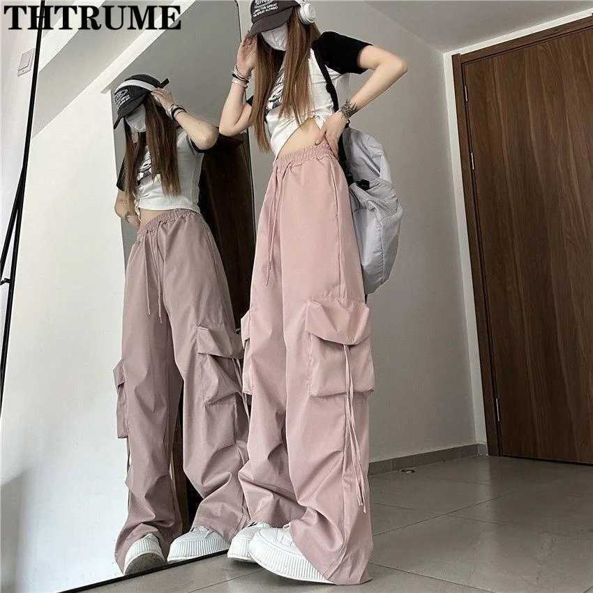 Retro Vintage High Street Baggy Pants Fashion Women Oversized Drstring Pocket New Pant Casual Streetwear Loose Jogger TrousersXJ250616
