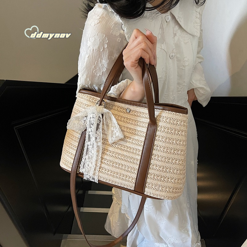 Korean INS Rainbow Straw Handbag for Women 2025 Summer Casual Vacation Style Color-Block Shoulder Crossbody Bag ddmynov ddmynov