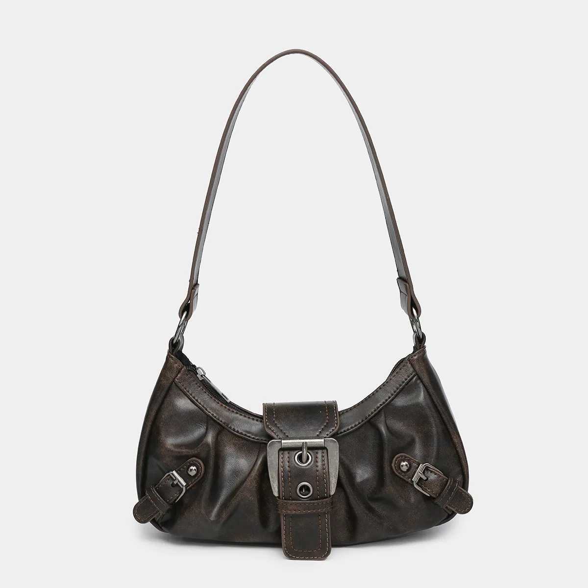 New Fashion Maillard Style Shoulder Bag Vintage Leather Spicy Girl Y2K Armpit Bag Rivet Belt Trendy Saddle Bag Retro Handbag XJ2520616