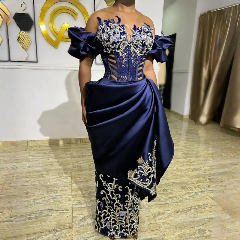 Sheath Navy Blue Prom Dresses 2025 Lace Beaded Satin Traditional Evening Formal Party Second Birthday Engagement Gowns Plus Size Dress For Special Occ