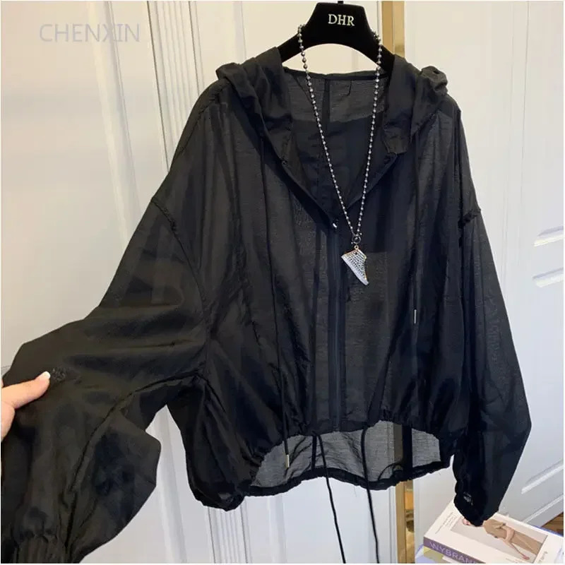 Jackets Women Hooded Summer Sun-proof Zipper Coats Thin Loose See Through Outerwear Breathable Outwear Lightweight Clothes Black 250614