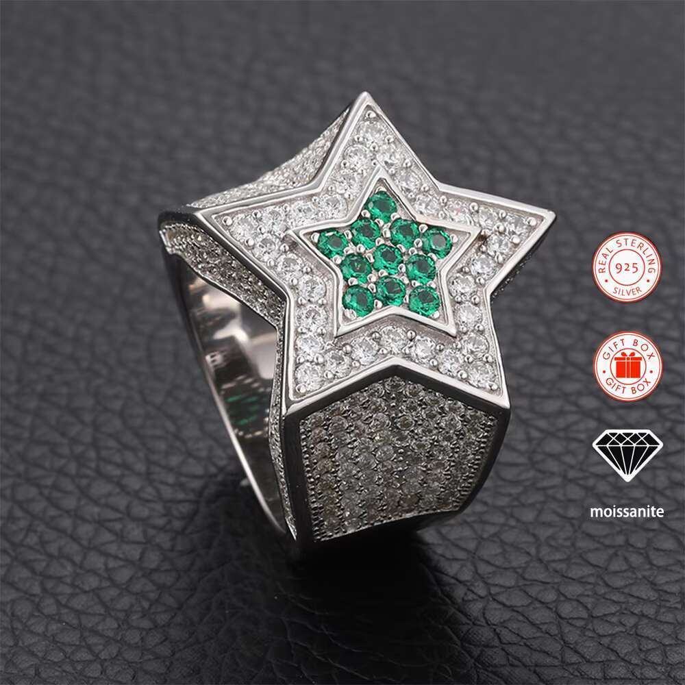 Sapphire Star Pentagram Moissanite Ring for Men 18K Gold-Plated S925 Sterling Silver Hiphop Style Rings
