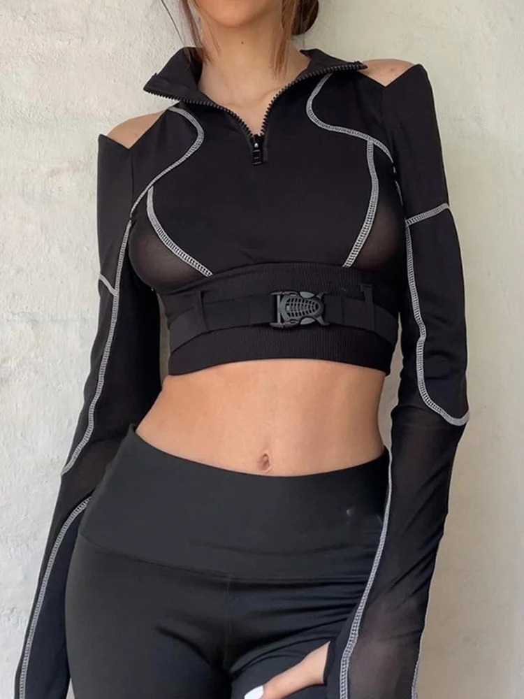 AltGoth Emo Alt Mall Goth T-shirt Women Streetwear Harajuku Cyberpunk Sexy Hollow Out Patchwork Long Sleeve Tee Tops Techwear 250614